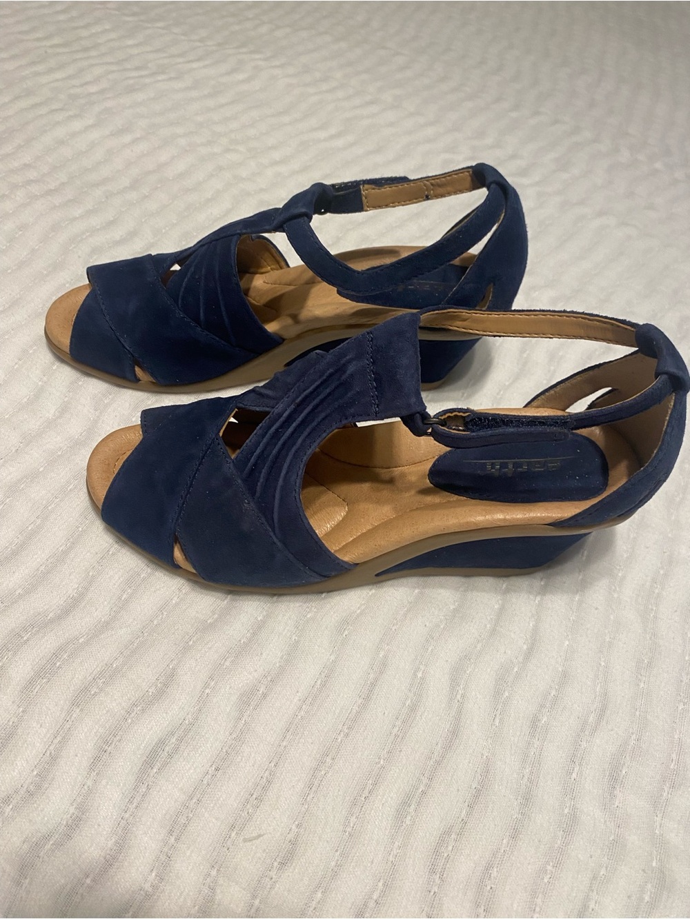Earth Navy Suede Open-Toe Slingback Wedge Sandals